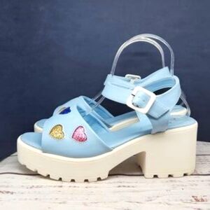 Koi footwear size 5 blue white platform buckled sandals with pink yellow hearts